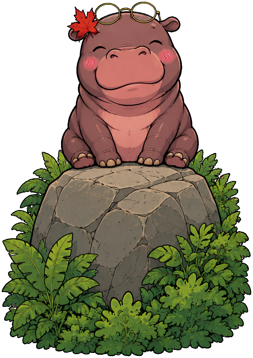 Maple the pygmy hippo sitting on a boulder, glasses pushed up on her head