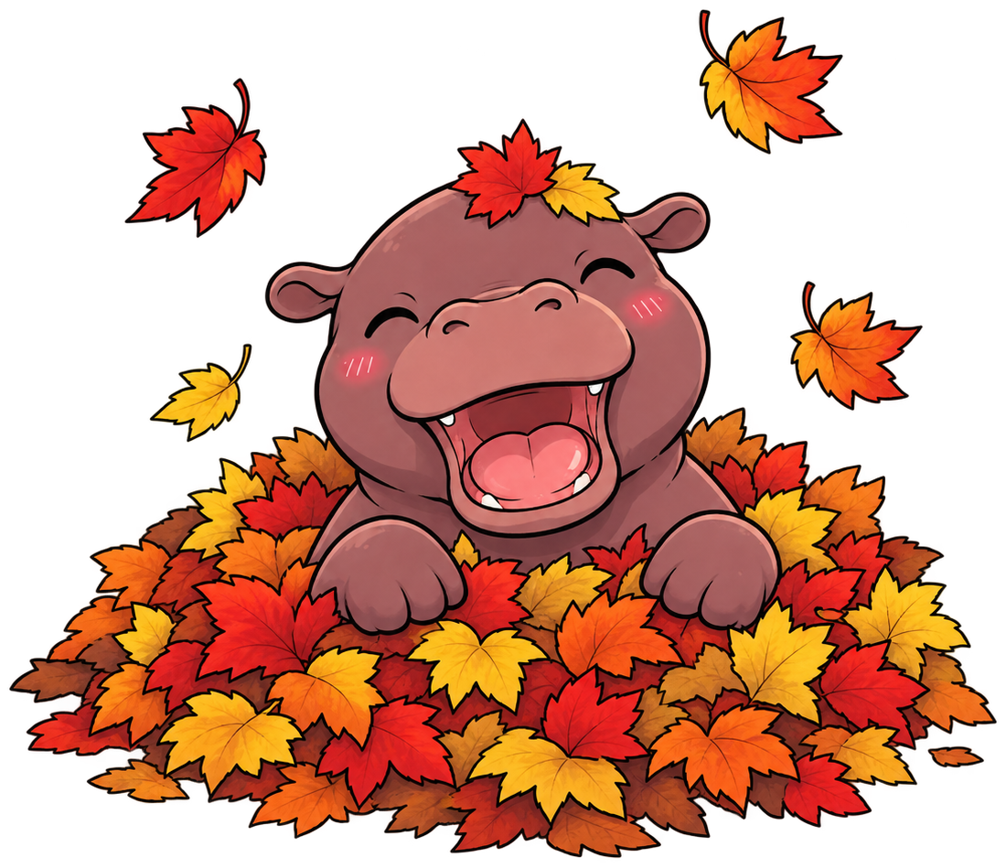 Maple happily buried in a pile of maple leaves